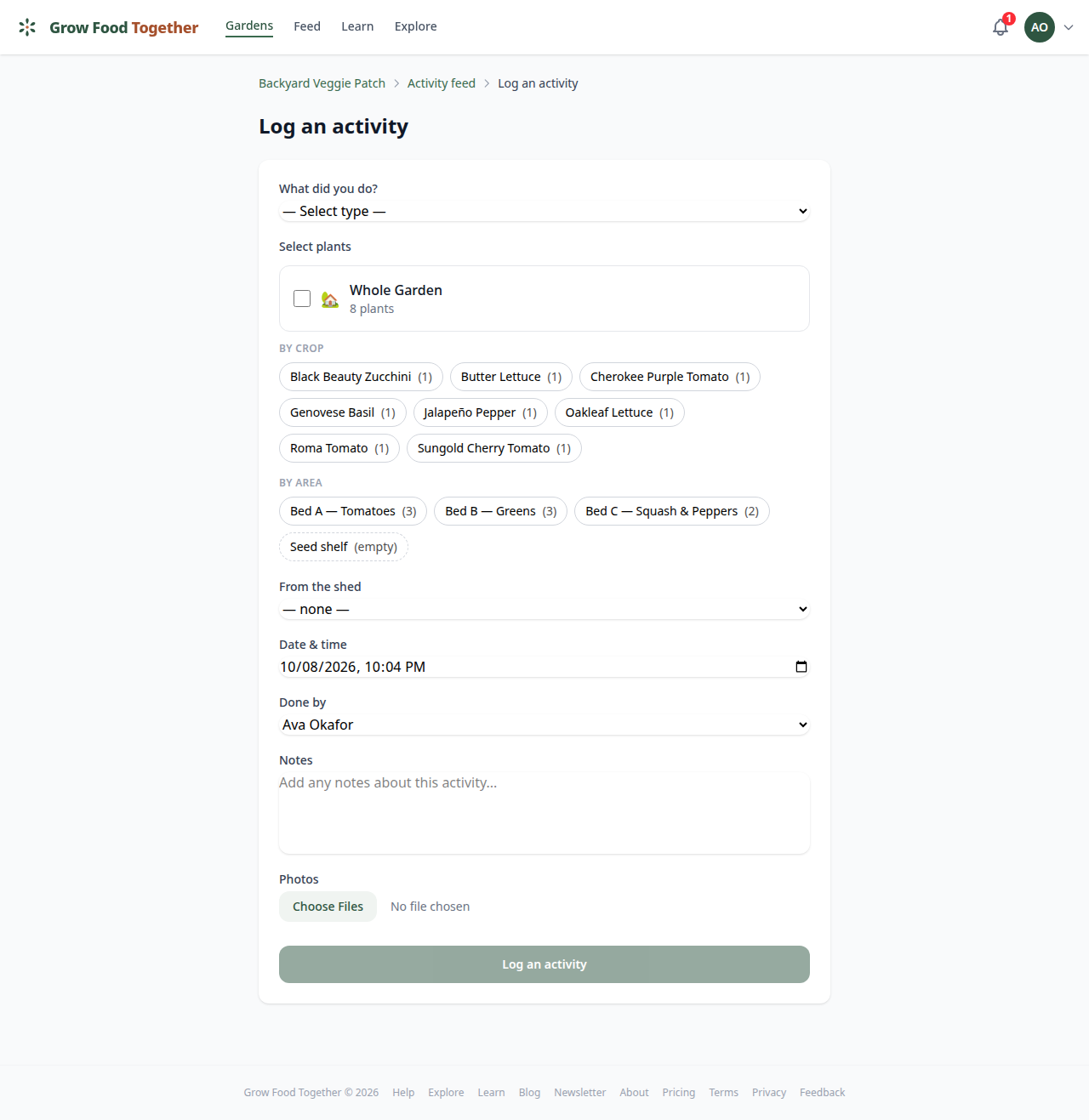 The log activity form: the activity type, the date, and the picker for what the entry applies to.