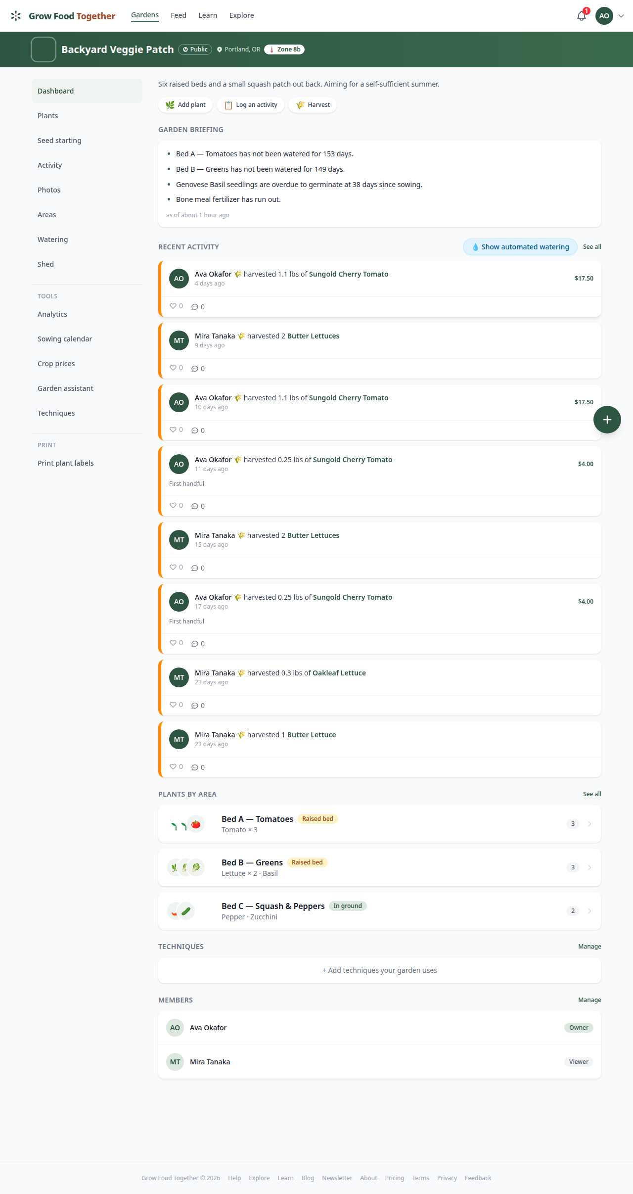 A garden's dashboard: the briefing panel at the top, the action bar, and the recent activity below.