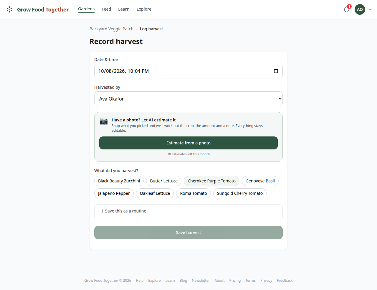 The record harvest screen: date and who picked, the photo estimate, and a chip for each crop currently growing.